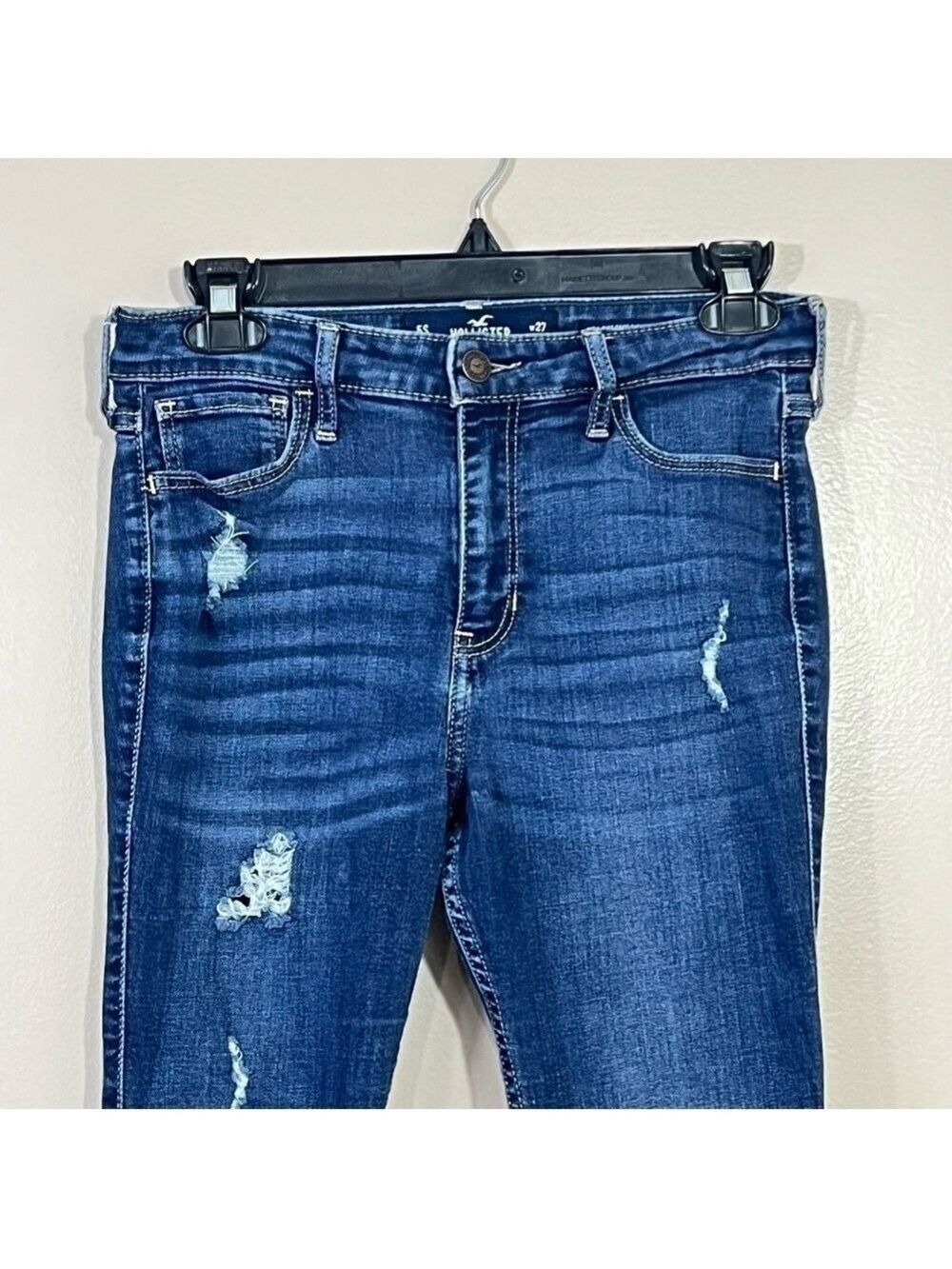 Hollister Jeans Womens Sz 5 S Blue High Rise Super Skinny Crop Distressed 27x24 - Picture 3 of 14